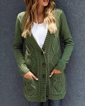 CHICME Pocket Button Design Long Sleeve Braided Knit Cardigan Sale Coupon