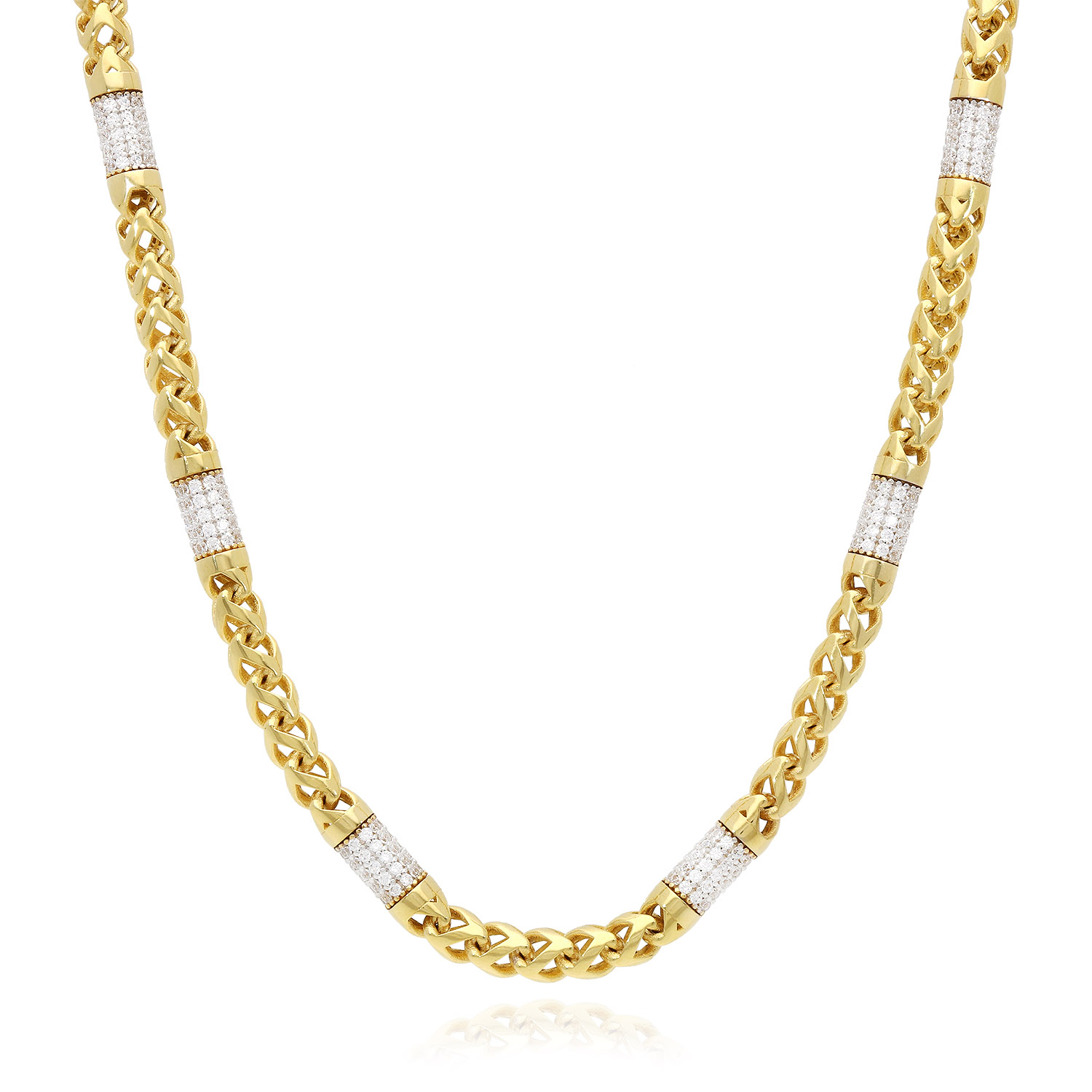 WJD Exclusives 14K Yellow Gold 5mm Round Franco Simulated Diamond Bullet Chain Necklace 22″-26″ – 26 Sale Coupon