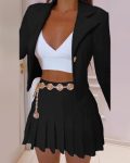 CHICME Buttoned Long Sleeve Blazer Coat & Chain Decor Pleated Skirt Set Sale Coupon