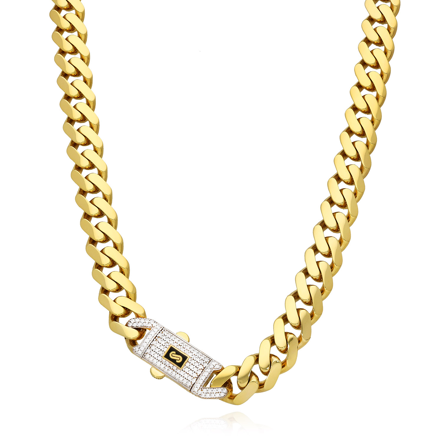 WJD Exclusives 14K Gold Classic Plain w/ Swarovski Lock 11.5mm Miami Monaco Chain 16″-24″ – 24 Sale Coupon