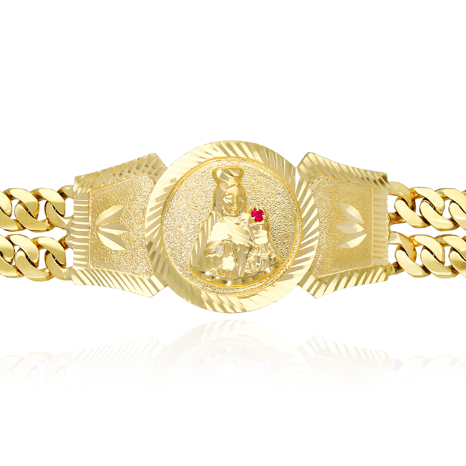 WJD Exclusives 14K Yellow Gold With Ruby Saint Barbara Double Solid Miami Chain Bracelet 9″ Sale Coupon