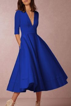 Whatwears Deal Plus Size V-neck Half Sleeve High Waist Solid Color Pocket Dress on Sale