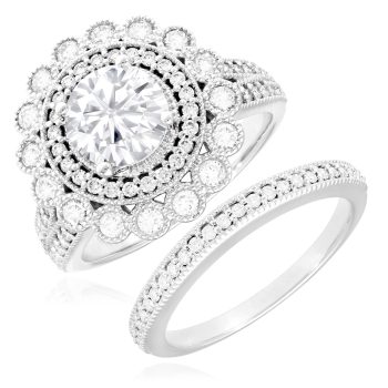 WJD Exclusives 1.95CTW Natural Diamond Moissanite Milgrain 14K White Gold Halo Bridal Ring Set – 7.5 Sale Coupon