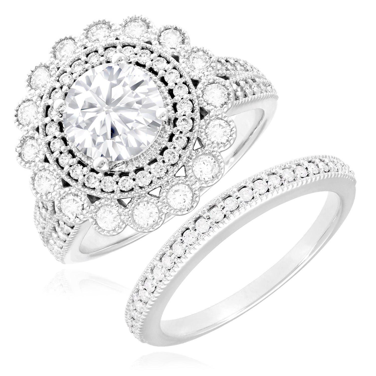 WJD Exclusives 1.95CTW Natural Diamond Moissanite Milgrain 14K White Gold Halo Bridal Ring Set – 5 Sale Coupon