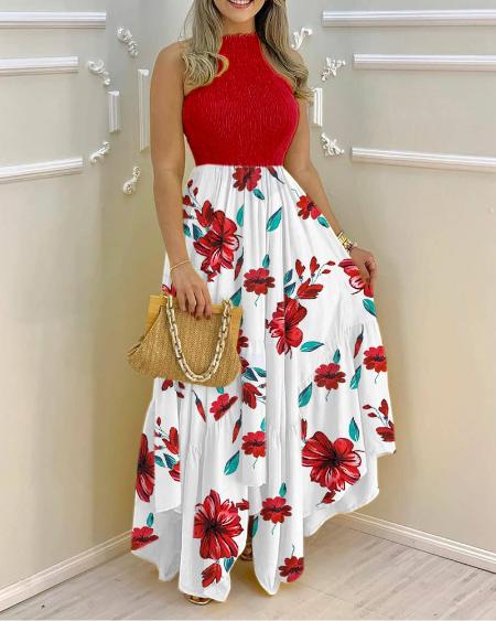 CHICME Mock Neck Floral Print Sleeveless Ruched Maxi Dress Sale Coupon