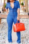 Whatwears Deal Retro Denim V Neck Jumpsuit on Sale