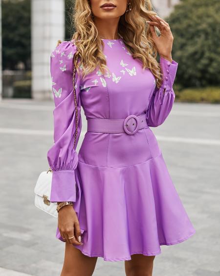 CHICME Butterfly Print Puff Sleeve Buttoned Casual Dress Sale Coupon