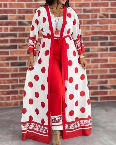 CHICME Plus Size Tank Top & Pants Set With Polka Dot Print Cardigan Sale Coupon