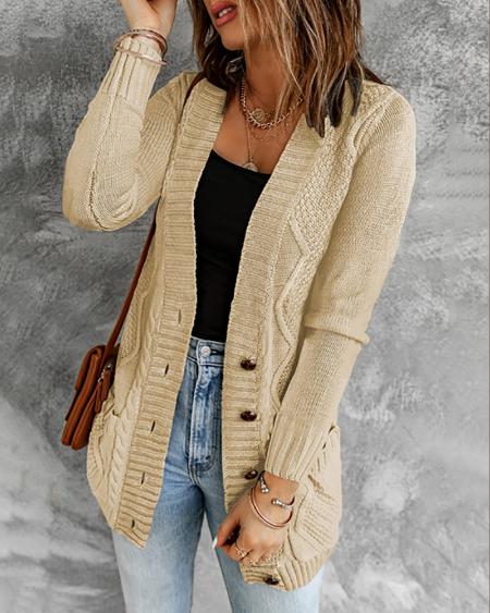 CHICME Pocket Button Design Long Sleeve Braided Knit Cardigan Sale Coupon