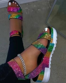 CHICME Rhinestone Colorblock Buckled Platform Sandals Sale Coupon