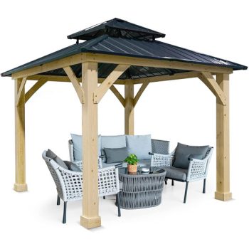 Costway10 x 10 Feet Patio Pine Wood Hardtop Gazebo with Double Steel Roof for Outdoor-Gray Sale Coupon