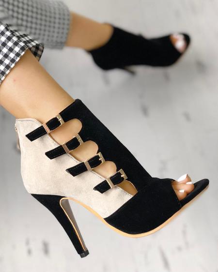 CHICME Colorblock Splicing Hollow Out Buckled Thin Heels Sale Coupon