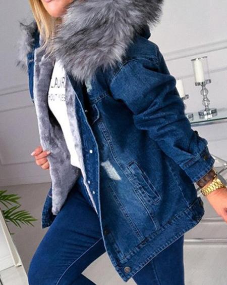CHICME Ripped Button Front Fuzzy Hooded Denim Coat Sale Coupon