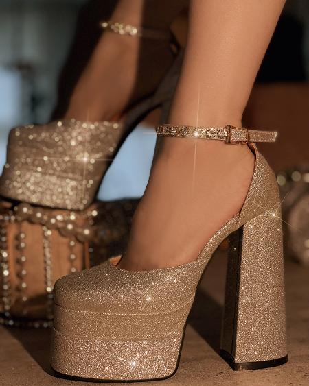 CHICME Glitter Ankle Strap Wedding Guest Chunky Pumps Sale Coupon