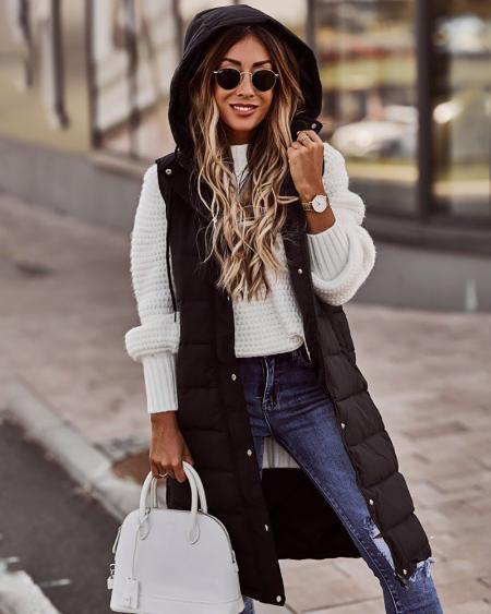 CHICME Sleeveless Pocket Button Design Hooded Gilet Puffer Jacket Sale Coupon