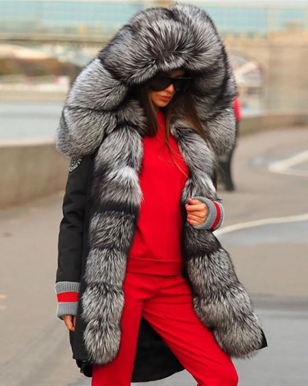 CHICME Striped Print Faux Fur Patch Long Sleeve Hooded Coat Sale Coupon