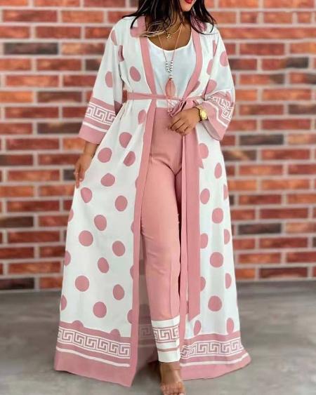 CHICME Plus Size Tank Top & Pants Set With Polka Dot Print Cardigan Sale Coupon
