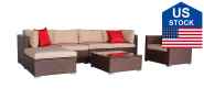 FastTech US Stock 7 Pieces Wood Grain Patio PE Wicker Rattan Corner Sofa Set Sale Coupon