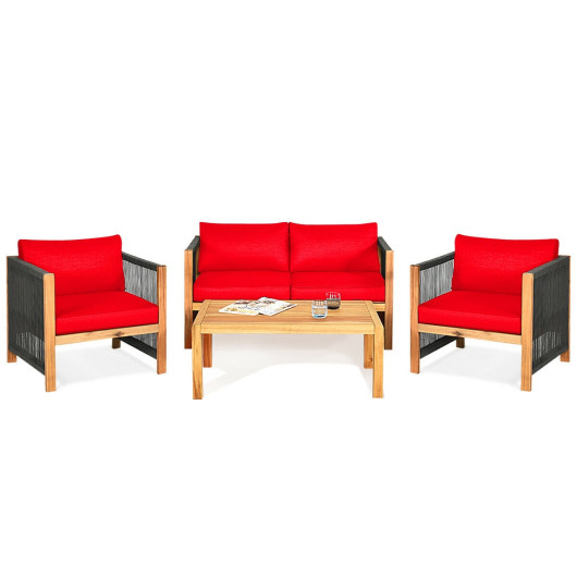 Costway4 Pcs Acacia Wood Outdoor Patio Furniture Set with Cushions-Red Sale Coupon