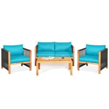 Costway4 Pcs Acacia Wood Outdoor Patio Furniture Set with Cushions-Turquoise Sale Coupon