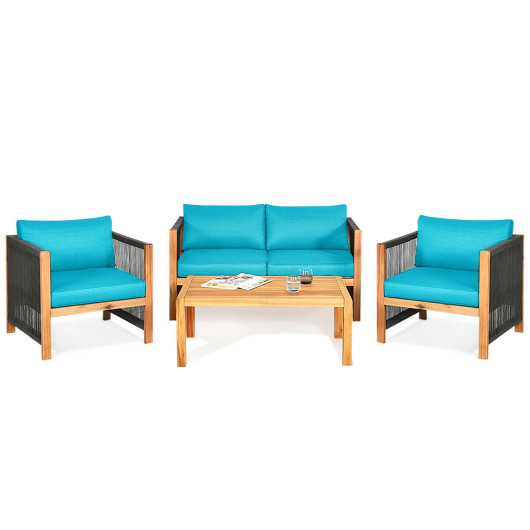 Costway4 Pcs Acacia Wood Outdoor Patio Furniture Set with Cushions-Turquoise Sale Coupon