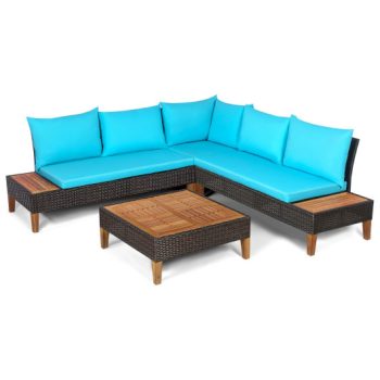 Costway4 Pieces Patio Cushioned Rattan Furniture Set with Wooden Side Table-Turquoise Sale Coupon