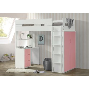 ACME Twin Size Wooden Loft Bed Frame with Desk White  Pink Sale Coupon
