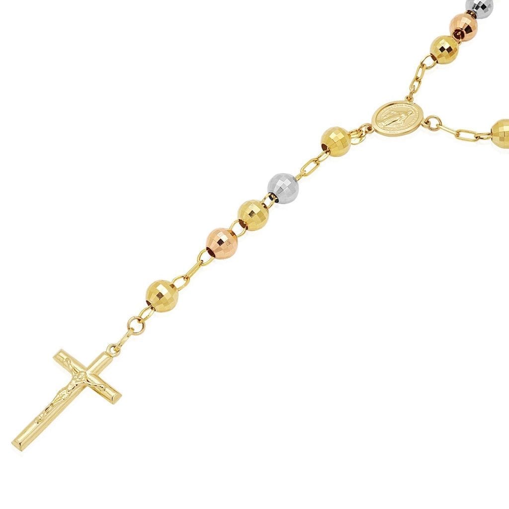 WJD Exclusives 14k Tri-Tone Gold Rosary Cross 8mm Beaded Necklace 30″ Sale Coupon