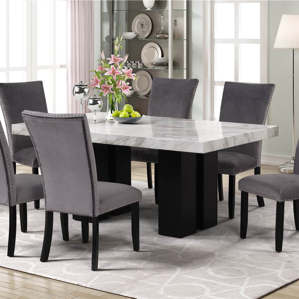 7 Piece Faux Marble Dining Table Set with 6 Velvet Chairs Gray Sale Coupon