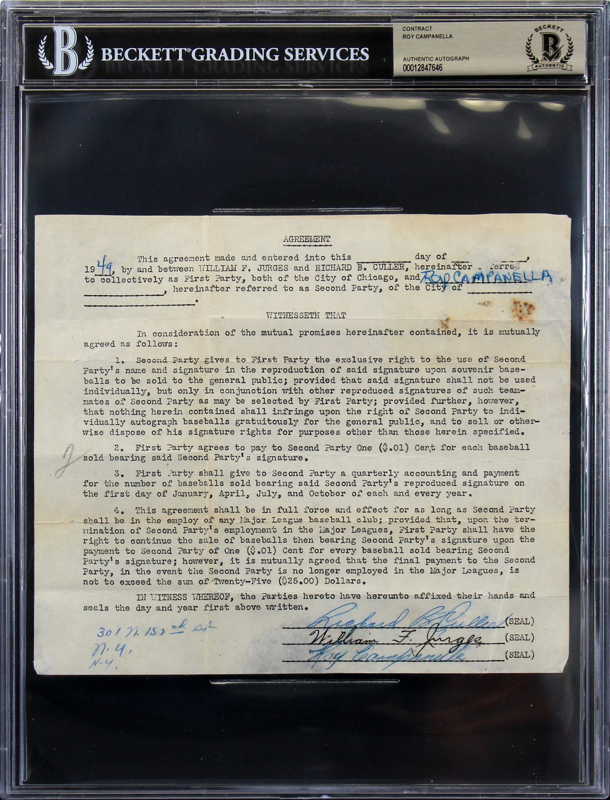 Dodgers Roy Campanella Signed 7.5×8.5 1949 Merchandising Contract BAS Slabbed Sale Coupon