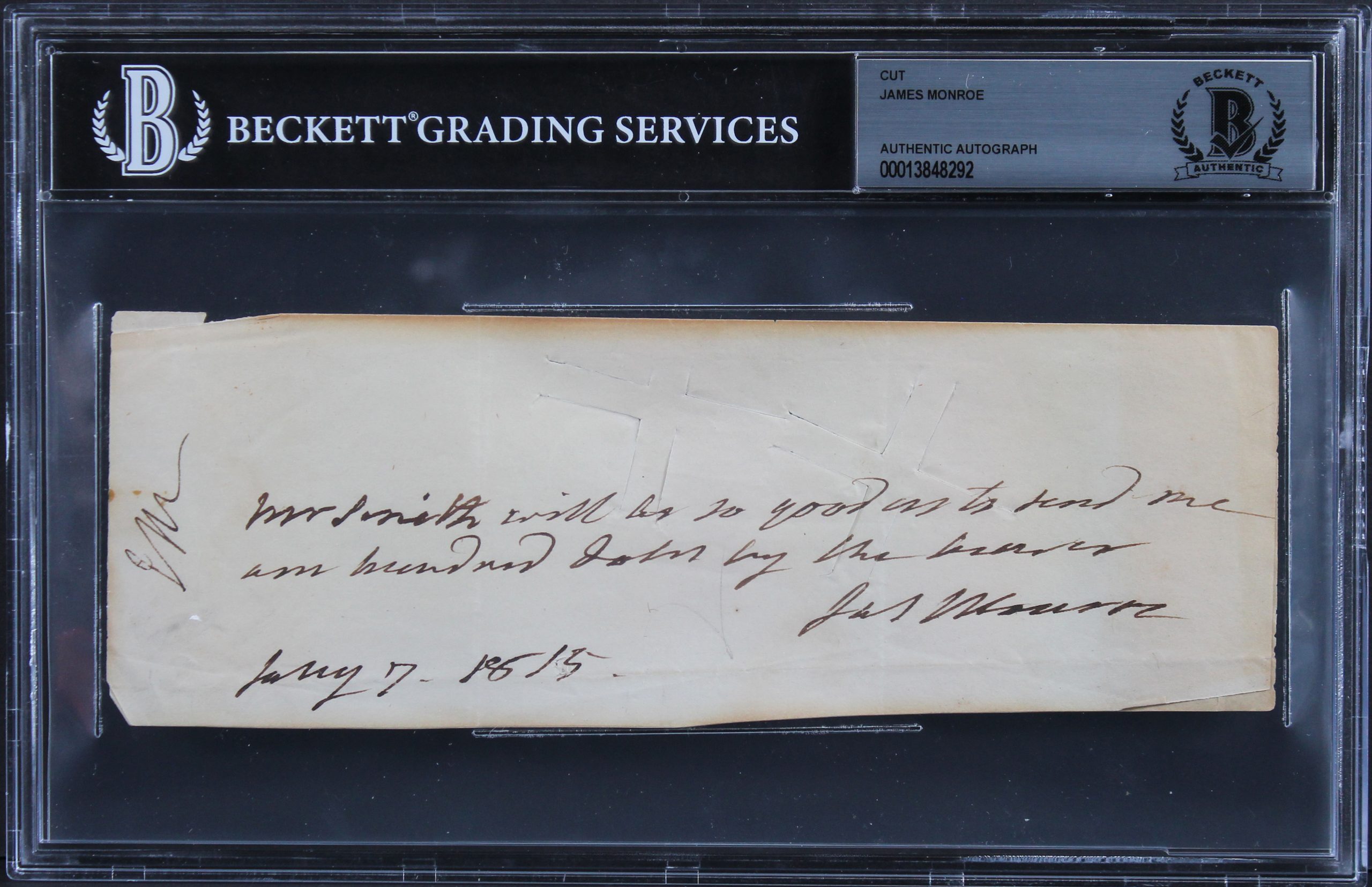 James Monroe Authentic Signed 2.65×7.75 Handwritten 1815 Receipt BAS Slabbed Sale Coupon