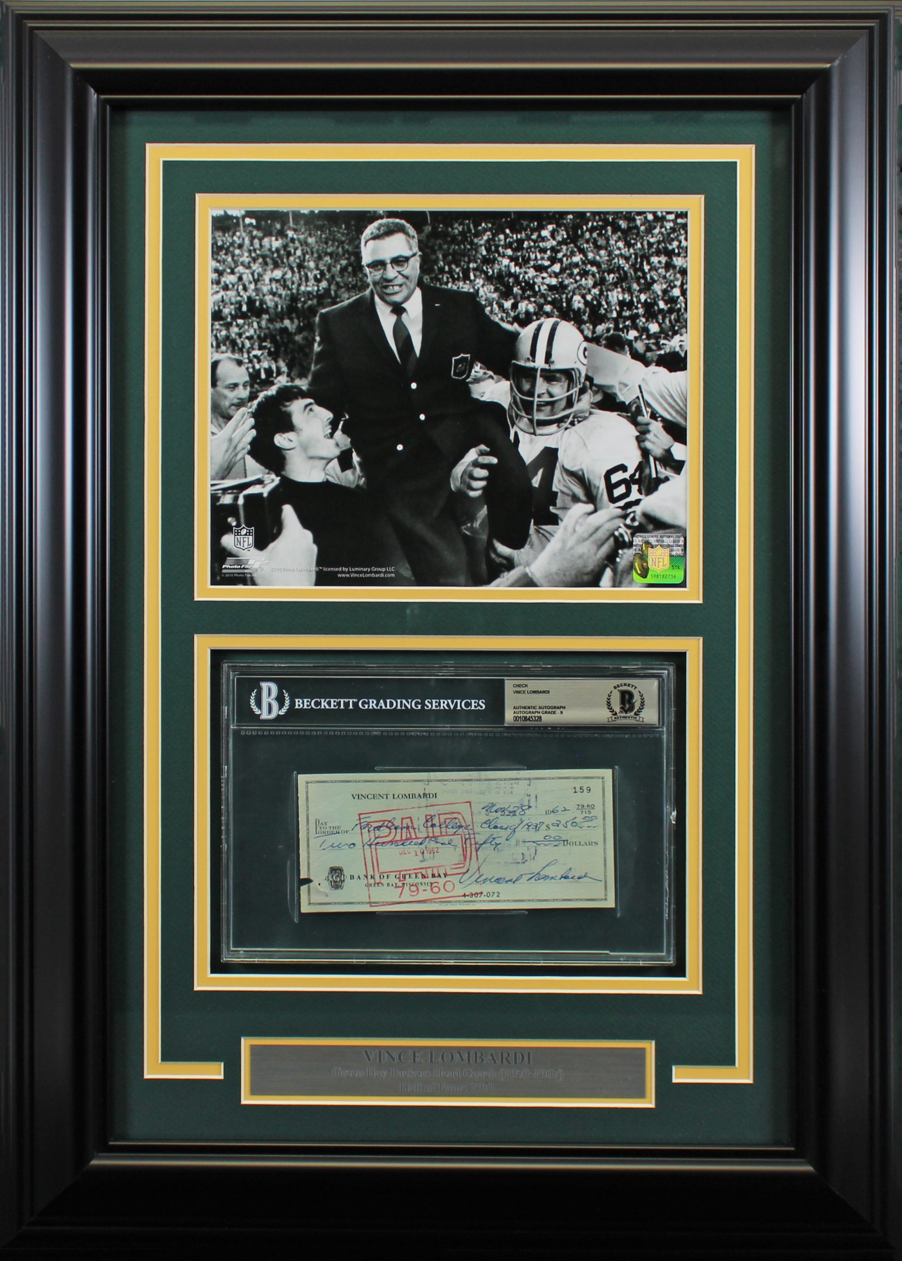 Packers Vince Lombardi Signed & Framed 2.75×6.25  1962 Check Auto 9 BAS Slabbed Sale Coupon