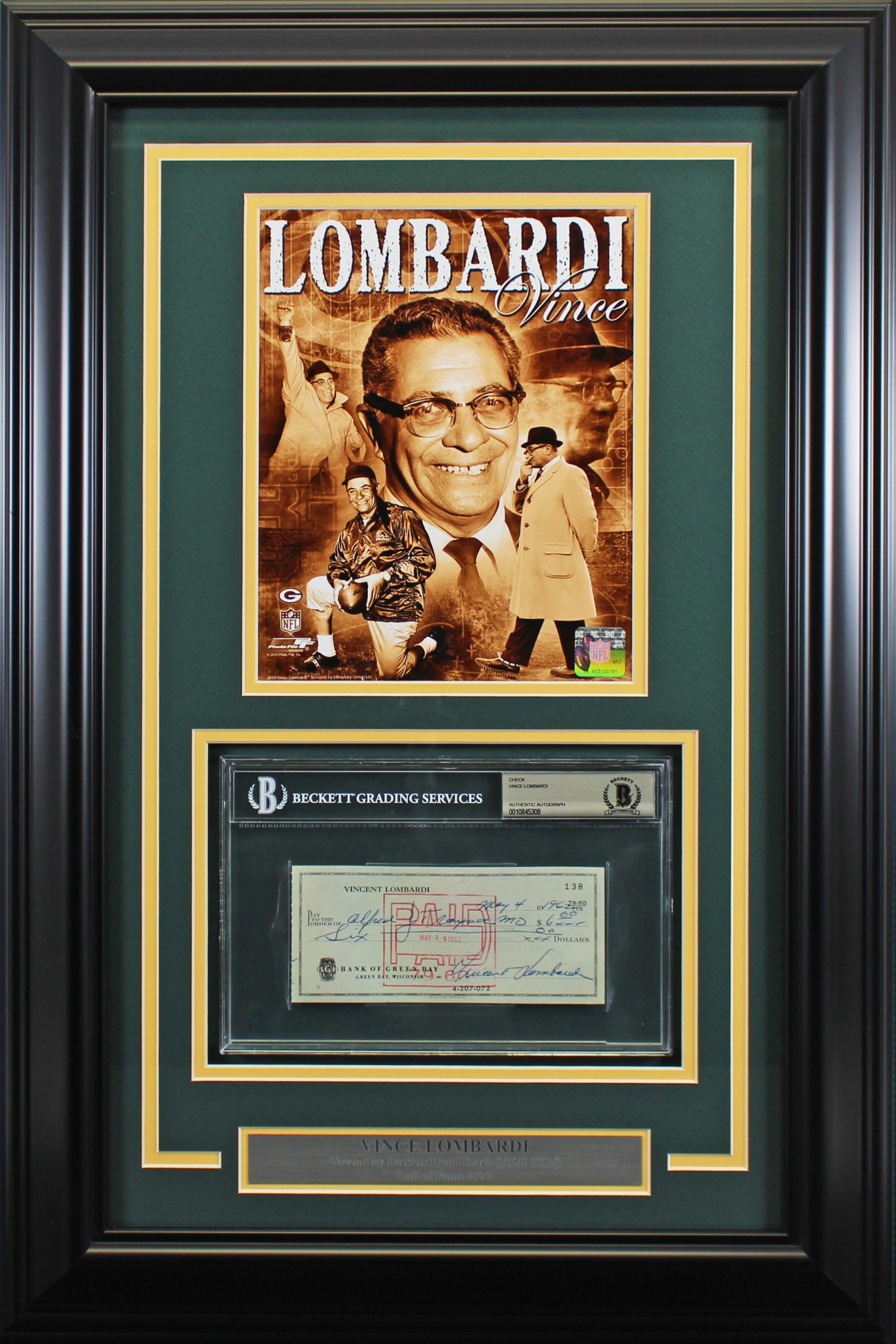 Packers Vince Lombardi Authentic Signed & Framed 2.75×6.25 1962 Check BAS Slab Sale Coupon