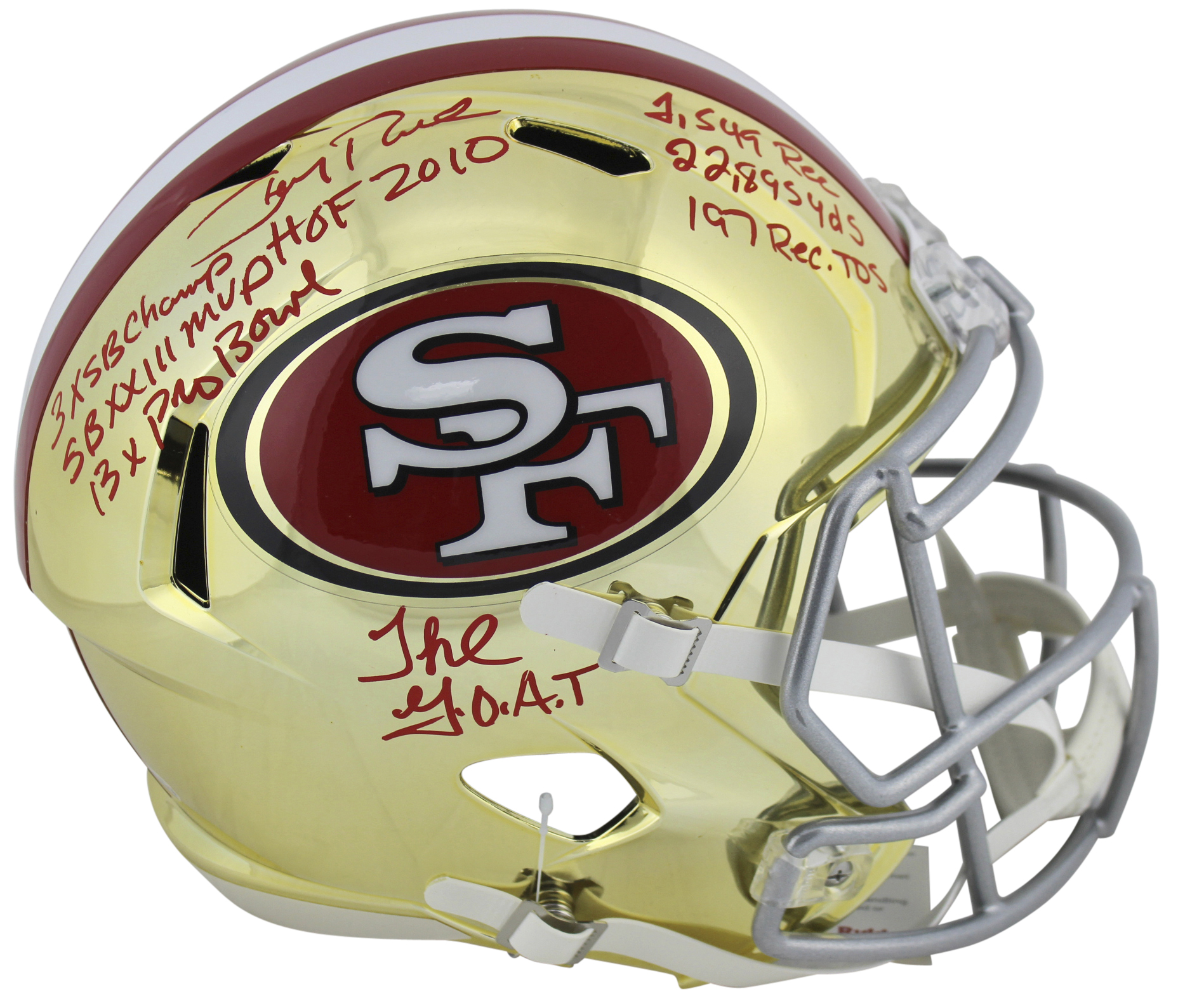 49ers Jerry Rice “Career Stat” Signed Riddell Chrome Full Size Rep Helmet BAS Sale Coupon
