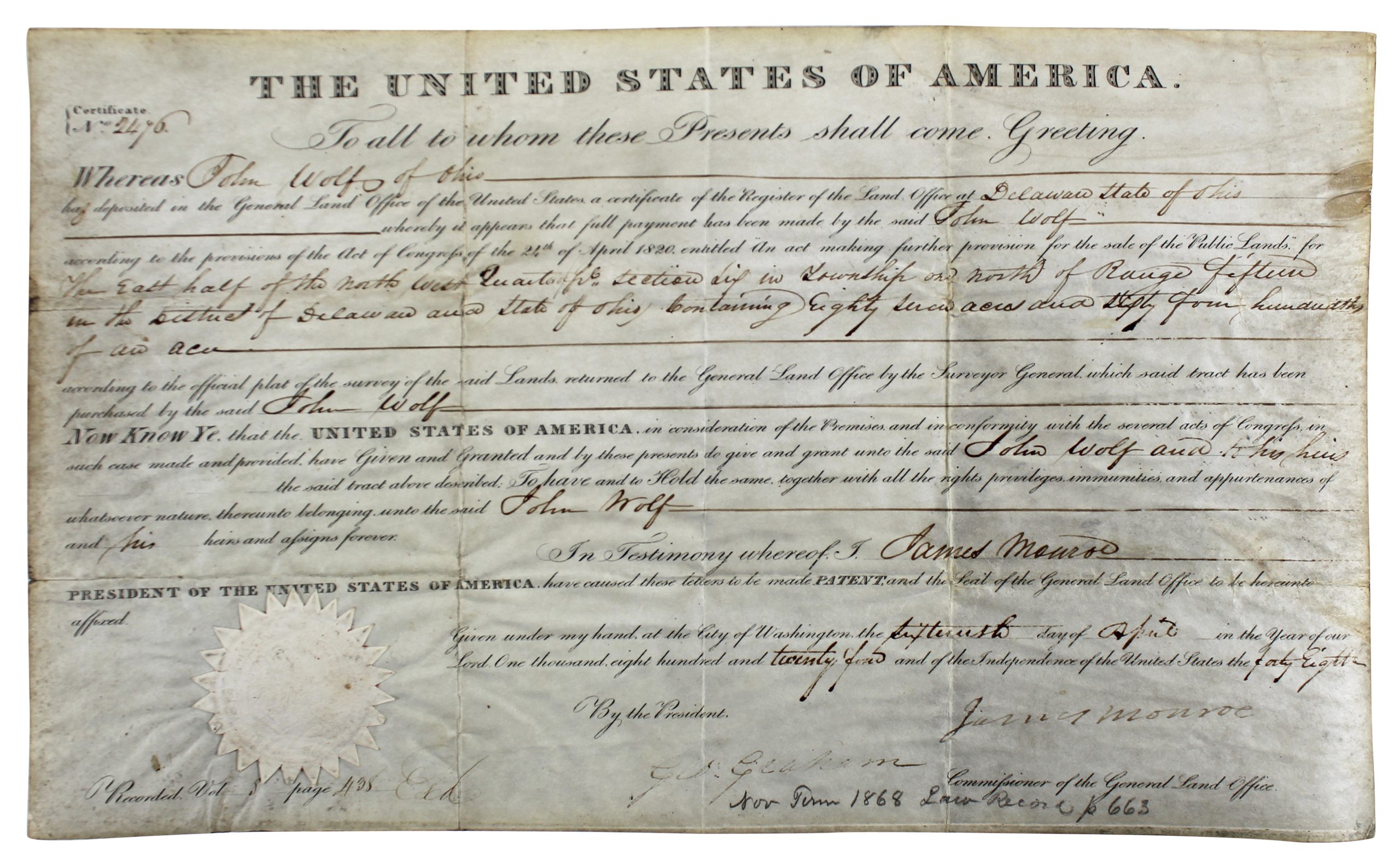 James Monroe Authentic Signed 9.25×15.5 1824 Land Grant Document PSA #AB07176 Sale Coupon