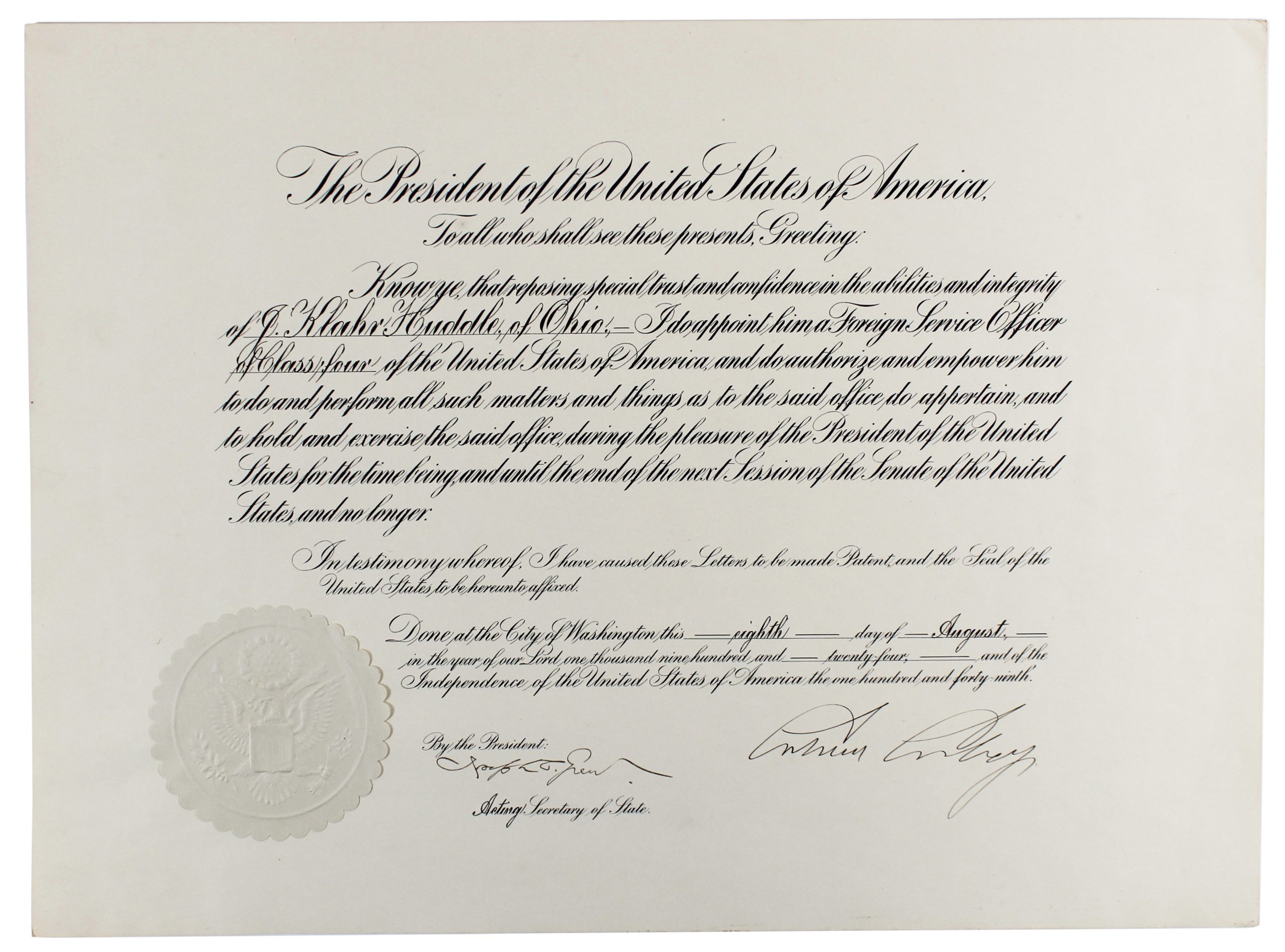 Calvin Coolidge Signed 14×19 1924 Foreign Service Office Appointment BAS LOA Sale Coupon