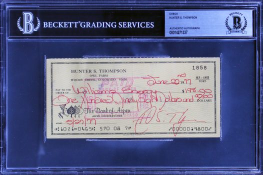 Hunter S. Thompson Authentic Signed 2.75×6 1977 Personal Check BAS Slabbed Sale Coupon