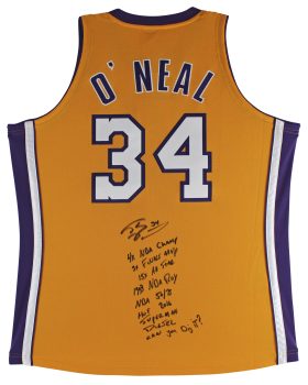Shaquille O’Neal 9x Inscribed Signed Yellow M&N 99-00 HWC Authentic Jersey BAS 1 Sale Coupon