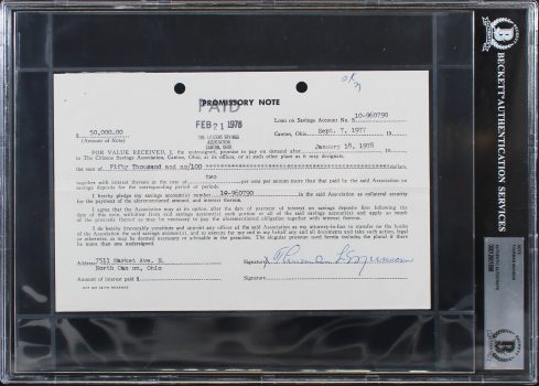 Yankees Thurman Munson Authentic Signed 5.5×8.5 1977 Promissory Note BAS Slabbed Sale Coupon