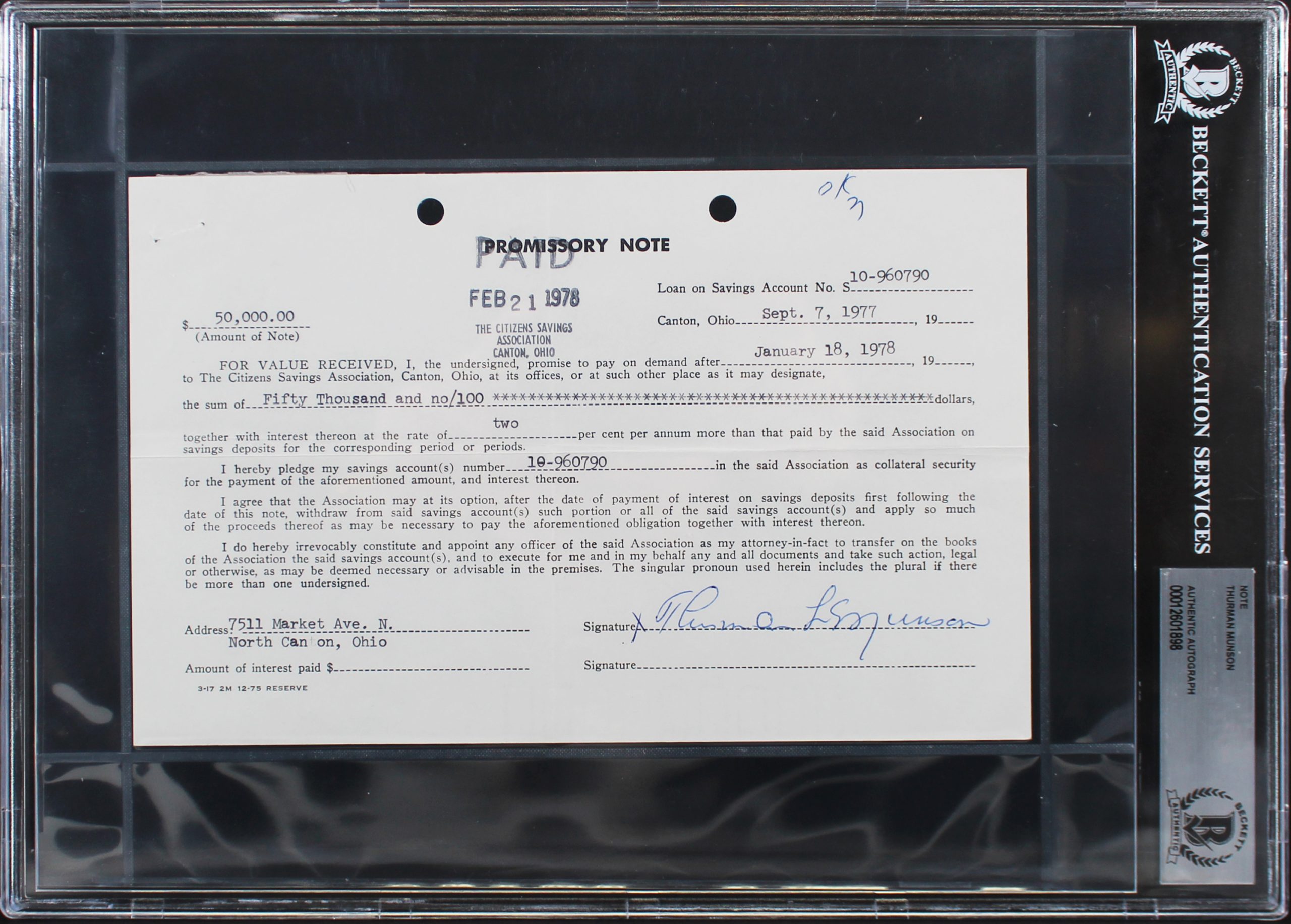 Yankees Thurman Munson Authentic Signed 5.5×8.5 1977 Promissory Note BAS Slabbed Sale Coupon