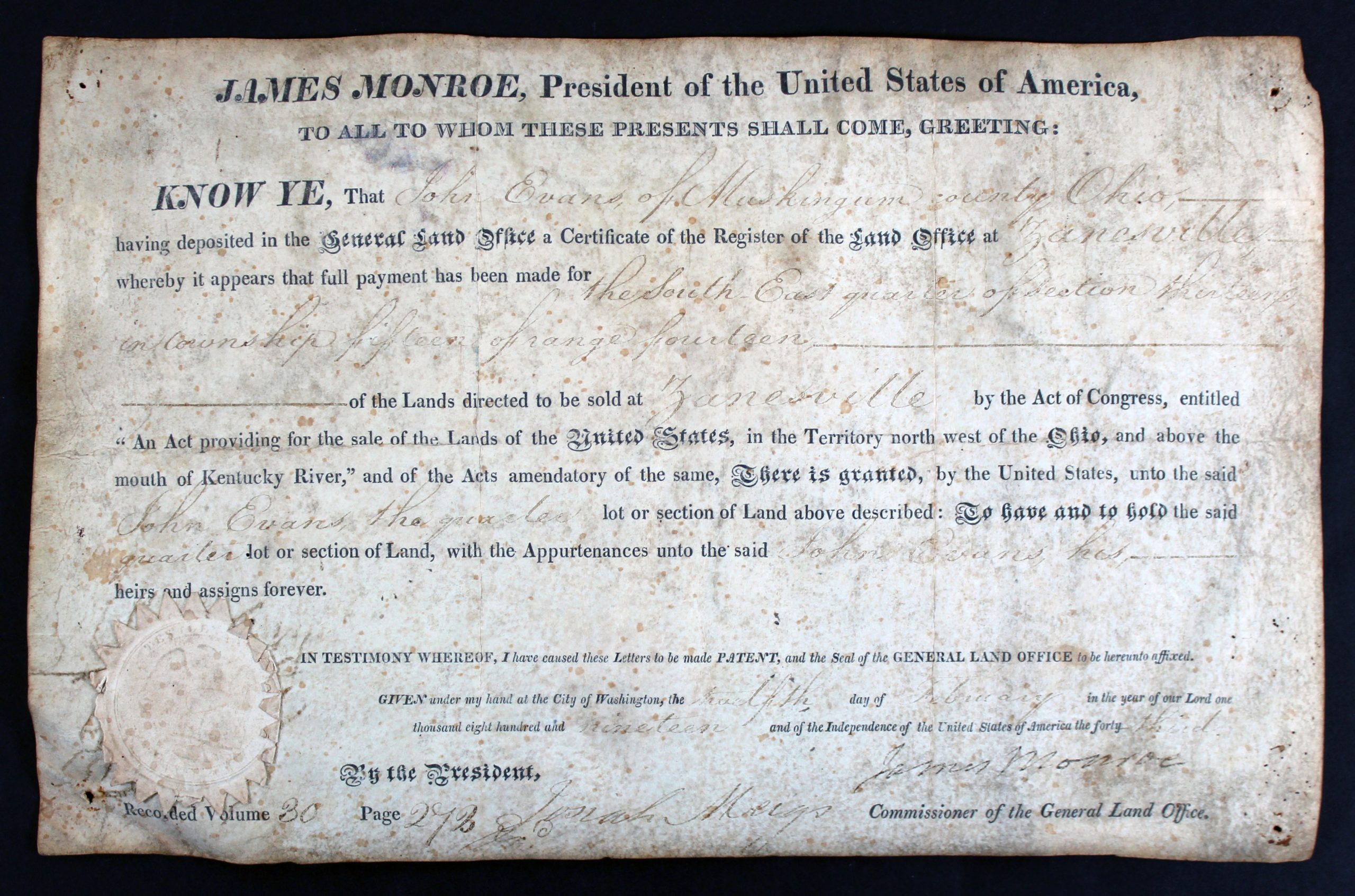 James Monroe Authentic Signed 8.25×13.25 1819 Land Grant Document JSA #BB88828 Sale Coupon