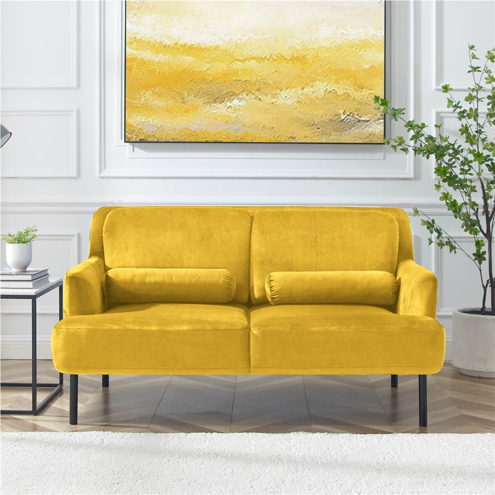 2Seat Velvet Upholstered Sofa with High Iron Feet Yellow Sale Coupon