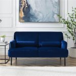 2Seat Velvet Upholstered Sofa with High Iron Feet Blue Sale Coupon
