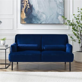 2Seat Velvet Upholstered Sofa with High Iron Feet Blue Sale Coupon