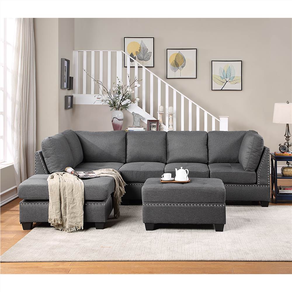 Orisfur 1045 Linen Upholstered Sectional Sofa with Ottoman Gray Sale Coupon