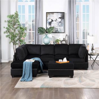 Orisfur 1045 Velvet Upholstered Sectional Sofa with Ottoman Black Sale Coupon