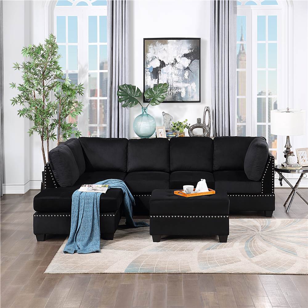 Orisfur 1045 Velvet Upholstered Sectional Sofa with Ottoman Black Sale Coupon