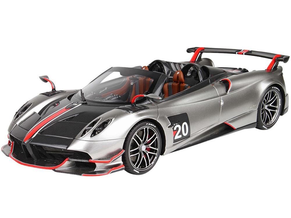 Diecastmodelswholesale Pagani Huayra Roadster BC Silver Metallic and Carbon Gray with White and Red Stripes and Red Accents with DISPLAY CASE Limited Edition to 200 pieces Worldwide 1/18 Model Car by BBR Sale Coupon