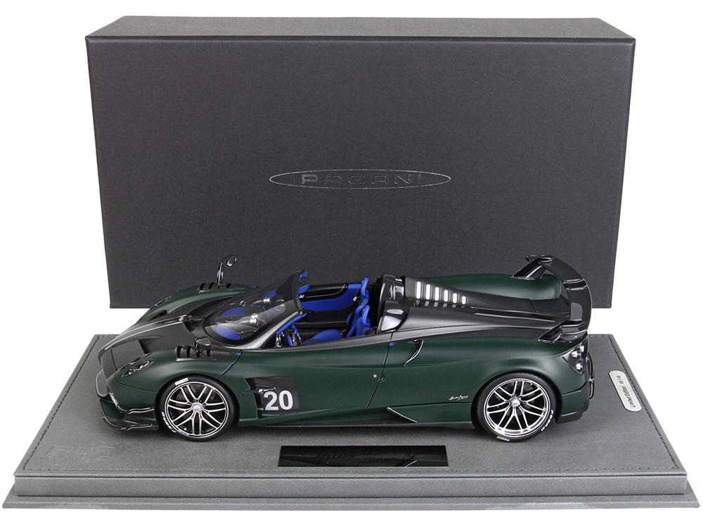 Diecastmodelswholesale Pagani Huayra Roadster BC Matt Dark Green and Matt Carbon Black with Black and Silver Stripes with DISPLAY CASE Limited Edition to 48 pieces Worldwide 1/18 Model Car by BBR Sale Coupon
