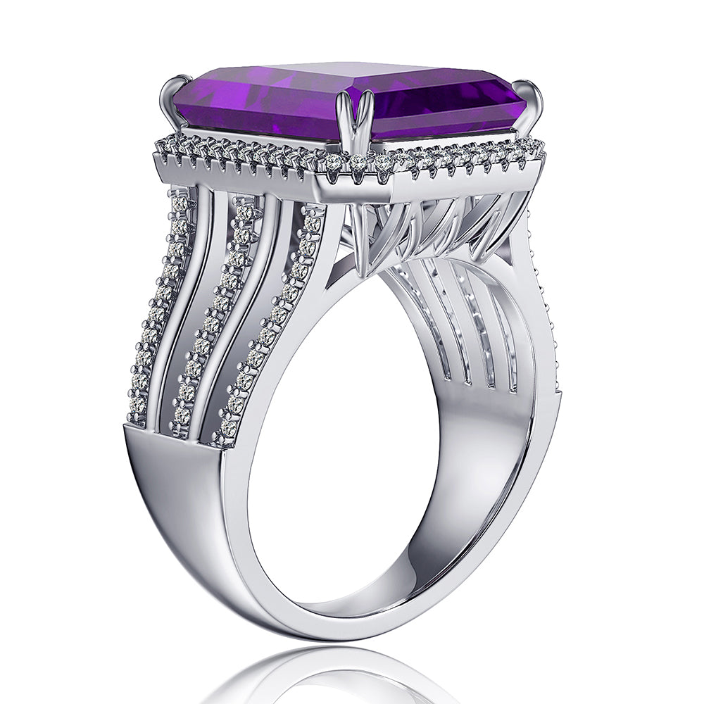 MSBLUE Natural Amethyst Three Split Band Halo Emerald-Cut Ring Sale Coupon
